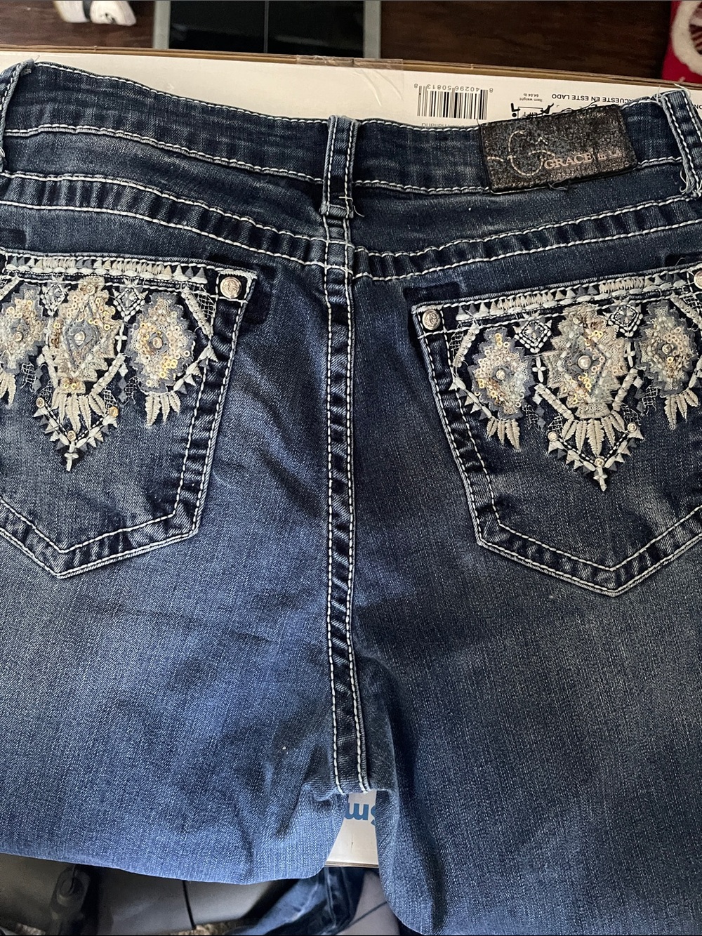 Grace in LA Blue Bootcut Jeans with White Embroidered Pockets